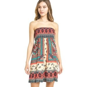 OCEAN DRIVE Bohemian Paisley Print‎ Boho Mini Dress Strapless Medium Summer Mini